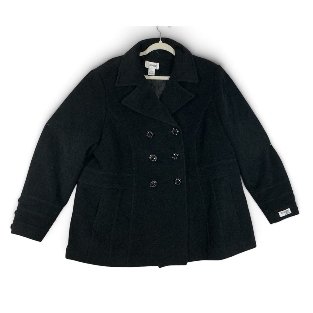 St Johns Bay Womens Black Double Breasted Pea Coat Jacket Plus Size 2X Wool